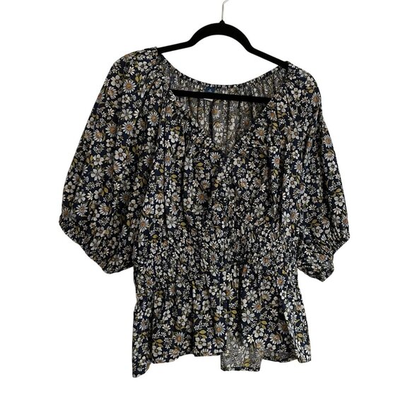 Old Navy Women XL TALL Blue Floral Boho Peasant Puff Sleeve Smocked Peplum Top - Picture 2 of 10